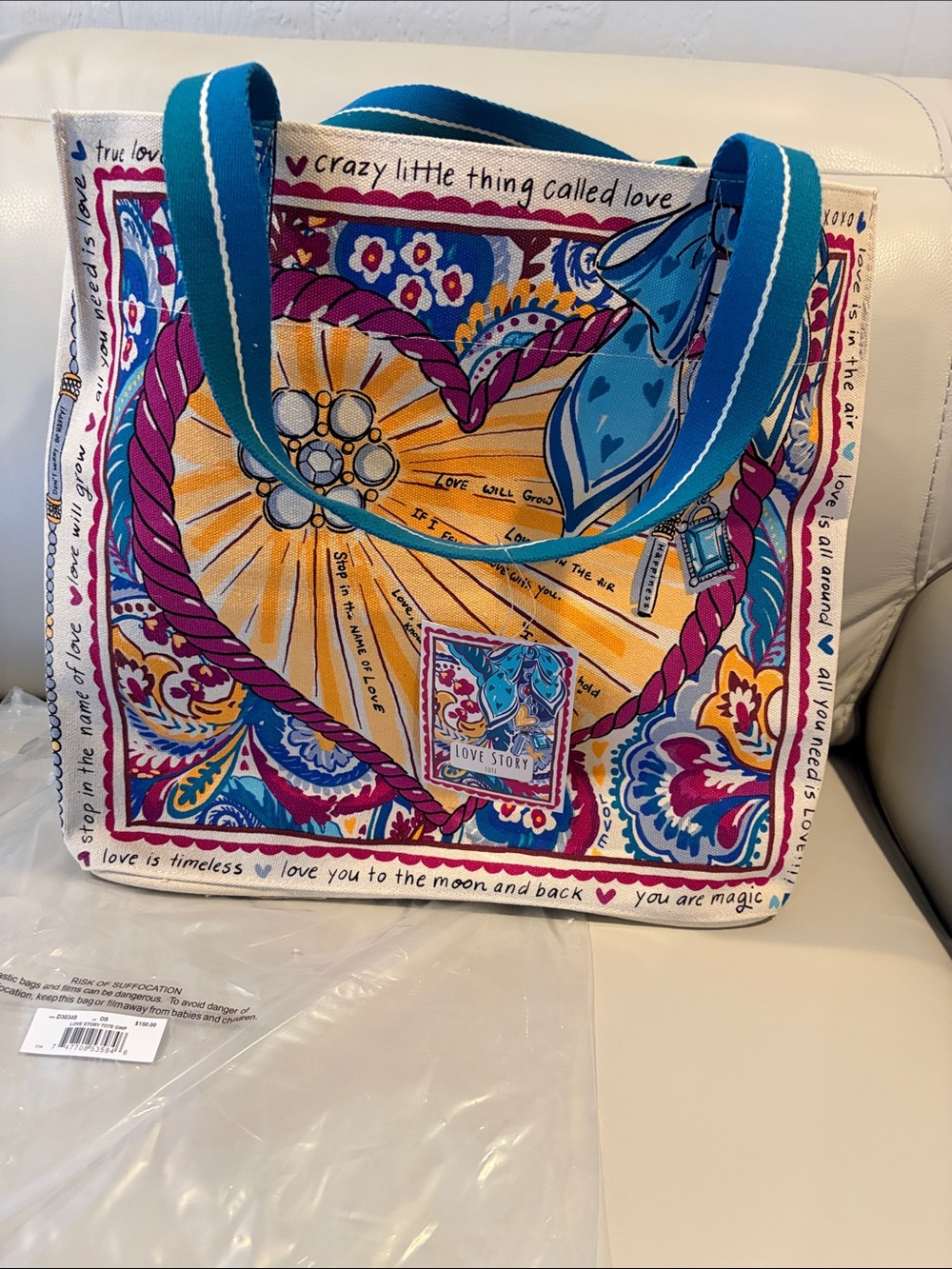 Brighton Canvas Tote in Turquoise, Purple & Yellow Love Story Print
